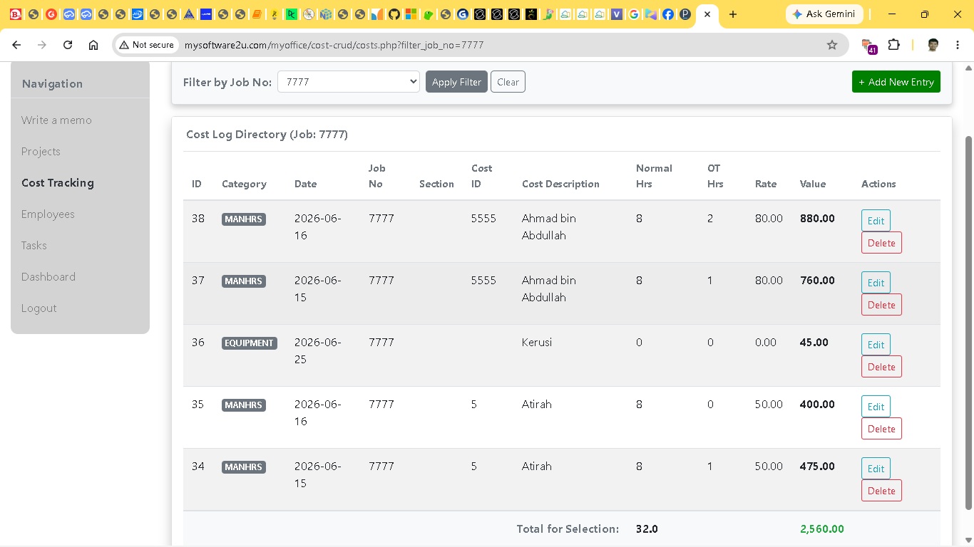 Online projects costs management including employee timesheets and chargeouts
